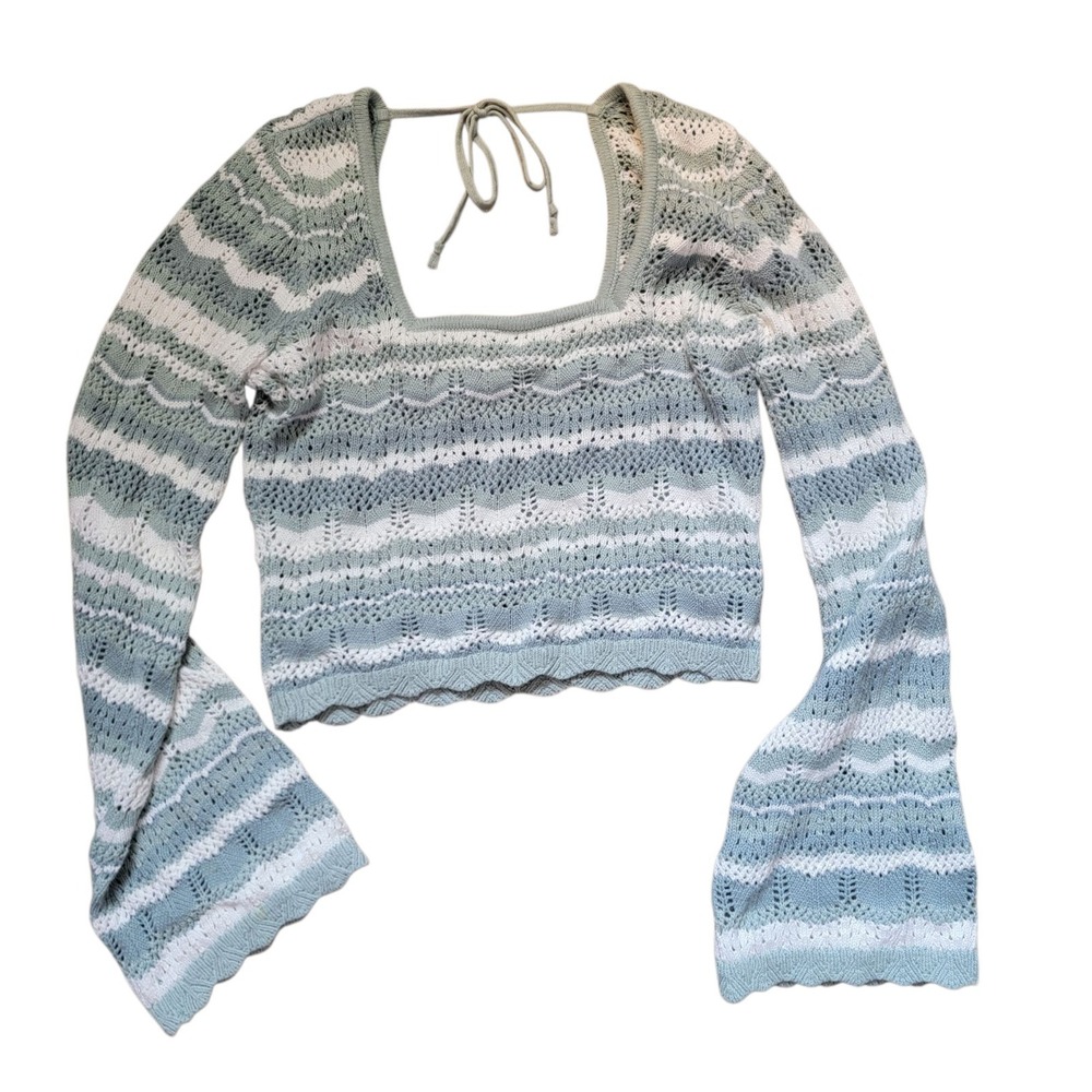 Hollister Knit Long Sleeve Top Light Green White L Large